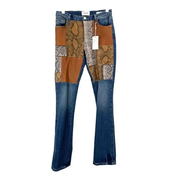 NEW Frame‎ Le Mini Patchwork leather Bootcut Jeans Size 26 boho western cowboy